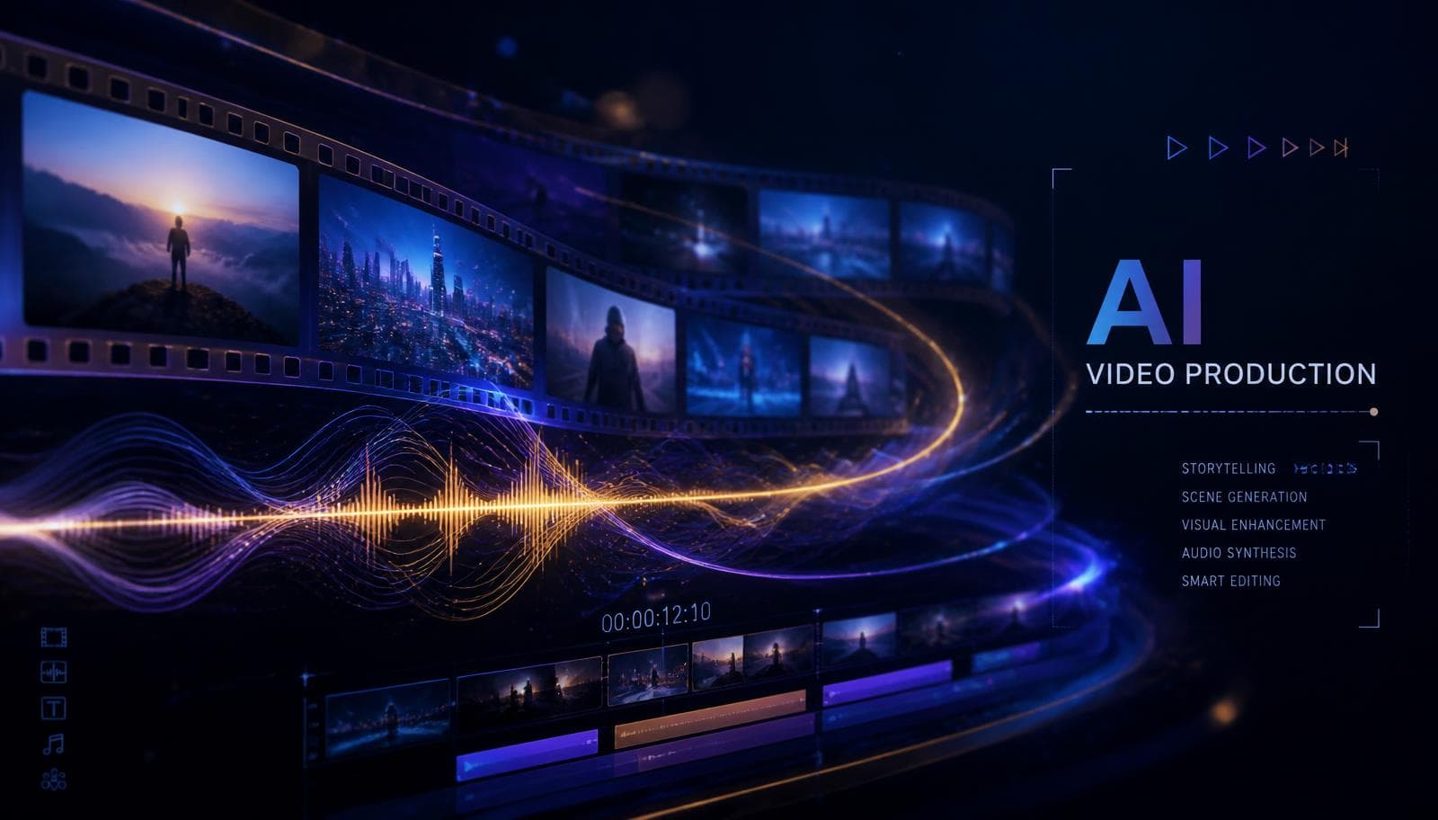 AI video production pipeline with generated scenes and audio waveforms